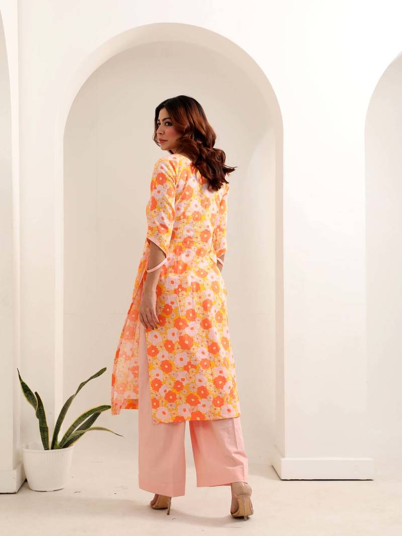 Orange floral printed cotton kurta pant set