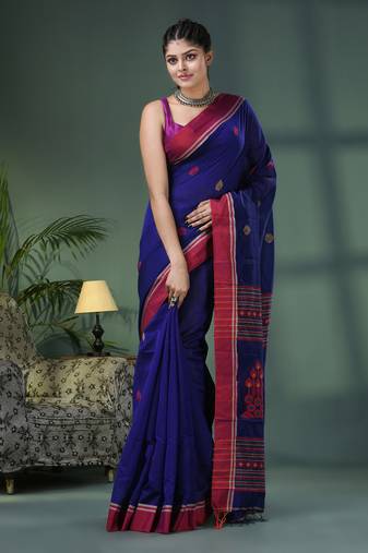 Blue cotton blend jacquard work handloom saree