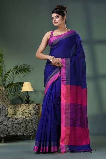 Blue cotton blend solid border handloom saree