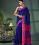 Blue cotton blend solid border handloom saree