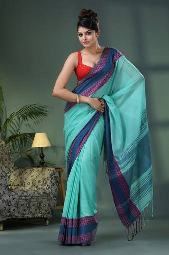 Teal cotton jacquard border handloom saree