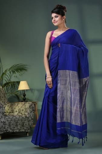 Blue cotton blend dupion silk pallu handloom saree