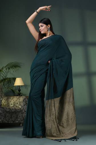 Teal cotton blend dupion silk pallu handloom saree