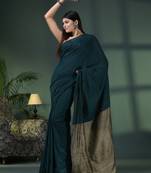 Teal cotton blend dupion silk pallu handloom saree