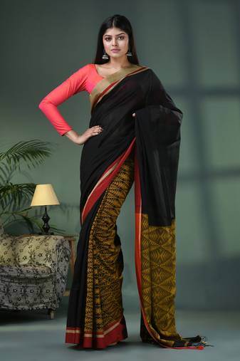 Black cotton blend jacquard work handloom saree