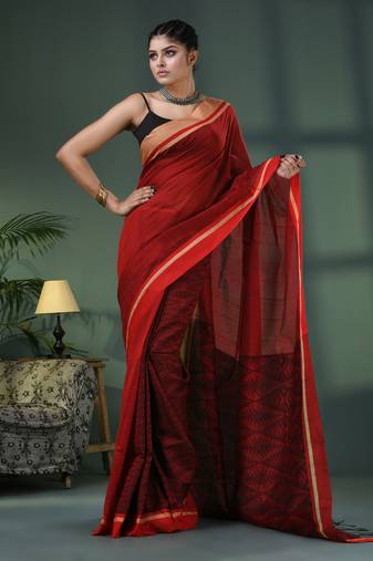 Red cotton blend jacquard work handloom saree