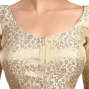 Neckbook Cream Banarasi Brocade Short Sleeves Princess Cut Padded Readymade Saree Blouse 5