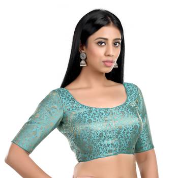 Neckbook Sky Blue Banarasi Brocade Short Sleeves Princess Cut Padded Readymade Saree Blouse 2