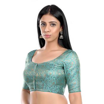 Neckbook Sky Blue Banarasi Brocade Short Sleeves Princess Cut Padded Readymade Saree Blouse 4