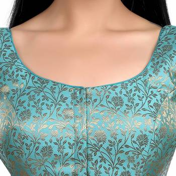 Neckbook Sky Blue Banarasi Brocade Short Sleeves Princess Cut Padded Readymade Saree Blouse 5