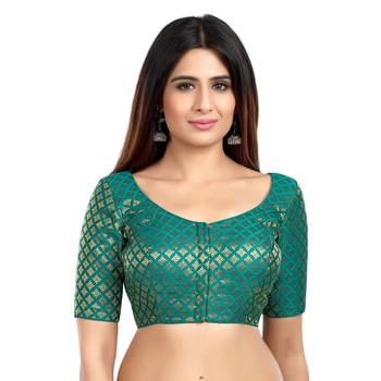 Neckbook Brocade Rama Green Elbow Sleeves Round Neck Princess Cut Padded Readymade Saree Blouse 1