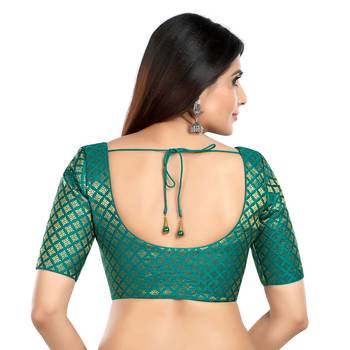 Neckbook Brocade Rama Green Elbow Sleeves Round Neck Princess Cut Padded Readymade Saree Blouse 3