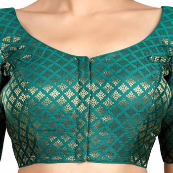 Neckbook Brocade Rama Green Elbow Sleeves Round Neck Princess Cut Padded Readymade Saree Blouse 5