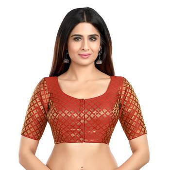 Neckbook Brocade Maroon Elbow Sleeves Round Neck Princess Cut Padded Readymade Saree Blouse 1