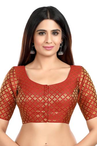 Neckbook Brocade Maroon Elbow Sleeves Round Neck Princess Cut Padded Readymade Saree Blouse