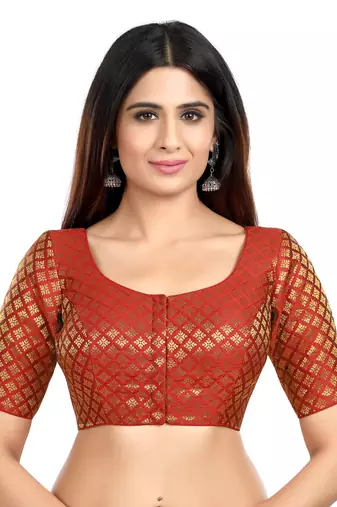 Neckbook Brocade Maroon Elbow Sleeves Round Neck Princess Cut Padded Readymade Saree Blouse