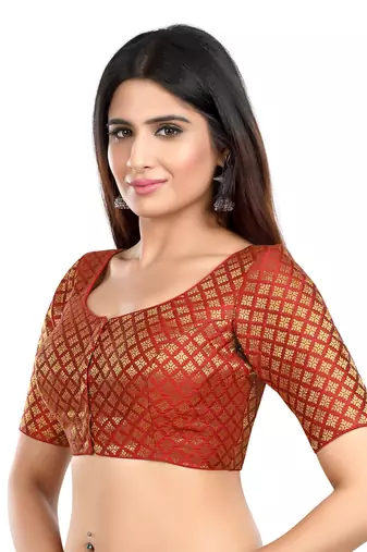 Neckbook Brocade Maroon Elbow Sleeves Round Neck Princess Cut Padded Readymade Saree Blouse