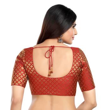 Neckbook Brocade Maroon Elbow Sleeves Round Neck Princess Cut Padded Readymade Saree Blouse 3