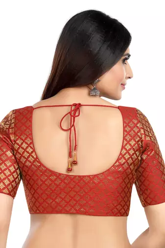 Neckbook Brocade Maroon Elbow Sleeves Round Neck Princess Cut Padded Readymade Saree Blouse