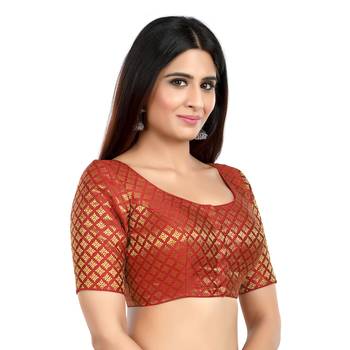 Neckbook Brocade Maroon Elbow Sleeves Round Neck Princess Cut Padded Readymade Saree Blouse 4