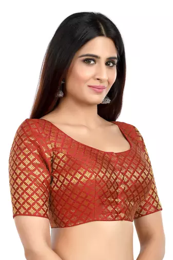 Neckbook Brocade Maroon Elbow Sleeves Round Neck Princess Cut Padded Readymade Saree Blouse