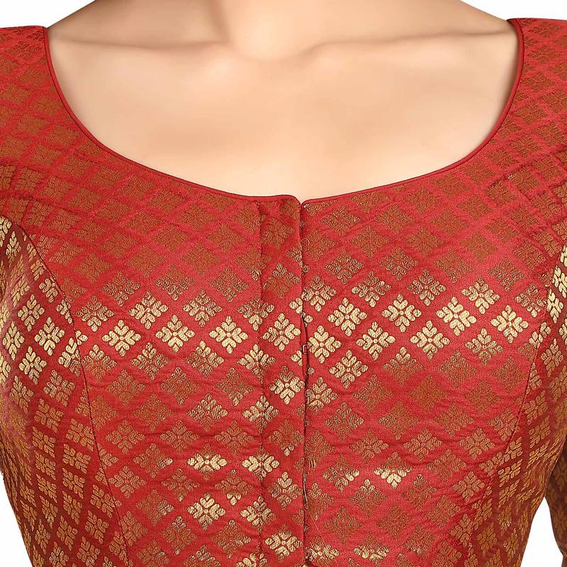Neckbook Brocade Maroon Elbow Sleeves Round Neck Princess Cut Padded Readymade Saree Blouse