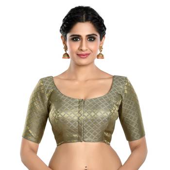 Neckbook Brocade Grey Elbow Sleeves Round Neck Princess Cut Padded Readymade Saree Blouse 1