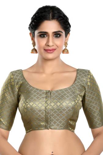 Neckbook Brocade Grey Elbow Sleeves Round Neck Princess Cut Padded Readymade Saree Blouse