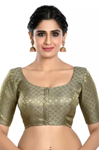 Neckbook Brocade Grey Elbow Sleeves Round Neck Princess Cut Padded Readymade Saree Blouse