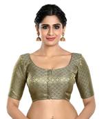 Neckbook Brocade Grey Elbow Sleeves Round Neck Princess Cut Padded Readymade Saree Blouse