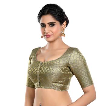 Neckbook Brocade Grey Elbow Sleeves Round Neck Princess Cut Padded Readymade Saree Blouse 2
