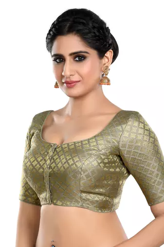 Neckbook Brocade Grey Elbow Sleeves Round Neck Princess Cut Padded Readymade Saree Blouse