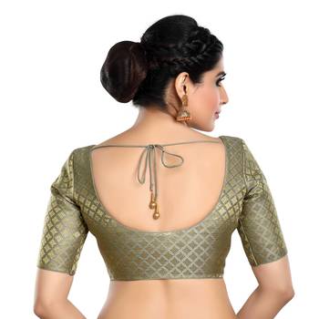 Neckbook Brocade Grey Elbow Sleeves Round Neck Princess Cut Padded Readymade Saree Blouse 3