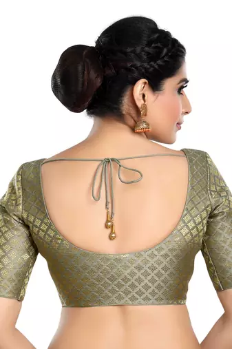 Neckbook Brocade Grey Elbow Sleeves Round Neck Princess Cut Padded Readymade Saree Blouse