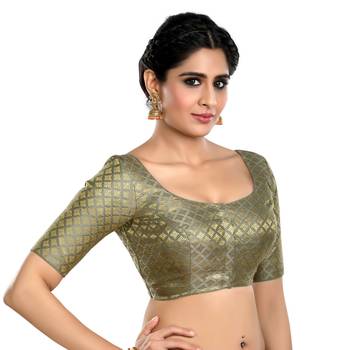 Neckbook Brocade Grey Elbow Sleeves Round Neck Princess Cut Padded Readymade Saree Blouse 4