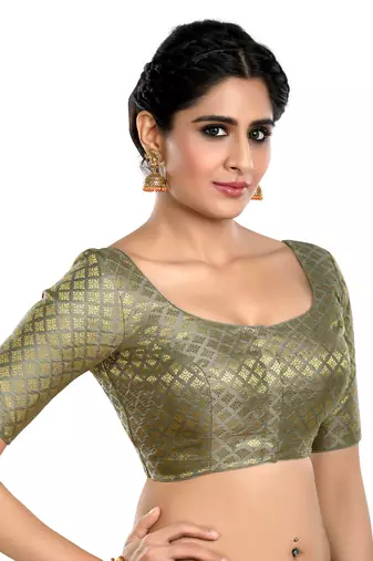 Neckbook Brocade Grey Elbow Sleeves Round Neck Princess Cut Padded Readymade Saree Blouse