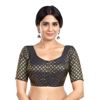 Neckbook Brocade Navy Blue Elbow Sleeves Round Neck Princess Cut Padded Readymade Saree Blouse 1