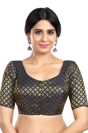 Neckbook Brocade Navy Blue Elbow Sleeves Round Neck Princess Cut Padded Readymade Saree Blouse