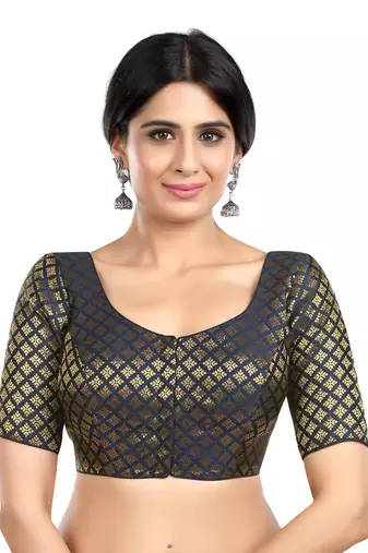 Neckbook Brocade Navy Blue Elbow Sleeves Round Neck Princess Cut Padded Readymade Saree Blouse