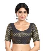 Neckbook Brocade Navy Blue Elbow Sleeves Round Neck Princess Cut Padded Readymade Saree Blouse