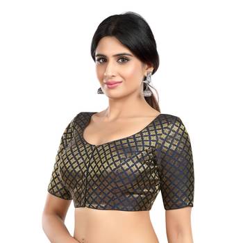 Neckbook Brocade Navy Blue Elbow Sleeves Round Neck Princess Cut Padded Readymade Saree Blouse 2