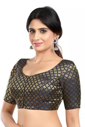 Neckbook Brocade Navy Blue Elbow Sleeves Round Neck Princess Cut Padded Readymade Saree Blouse
