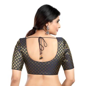 Neckbook Brocade Navy Blue Elbow Sleeves Round Neck Princess Cut Padded Readymade Saree Blouse 3