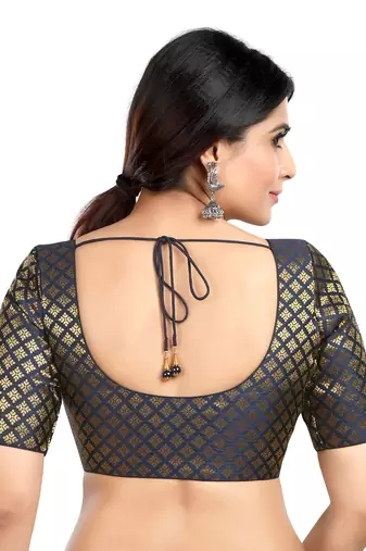 Neckbook Brocade Navy Blue Elbow Sleeves Round Neck Princess Cut Padded Readymade Saree Blouse