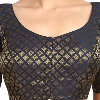 Neckbook Brocade Navy Blue Elbow Sleeves Round Neck Princess Cut Padded Readymade Saree Blouse 5