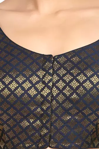 Neckbook Brocade Navy Blue Elbow Sleeves Round Neck Princess Cut Padded Readymade Saree Blouse
