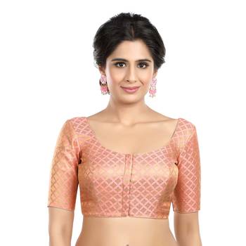 Neckbook Brocade Peach Elbow Sleeves Round Neck Princess Cut Padded Readymade Saree Blouse 1