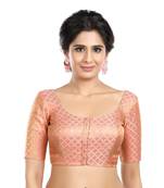 Neckbook Brocade Peach Elbow Sleeves Round Neck Princess Cut Padded Readymade Saree Blouse