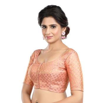 Neckbook Brocade Peach Elbow Sleeves Round Neck Princess Cut Padded Readymade Saree Blouse 2