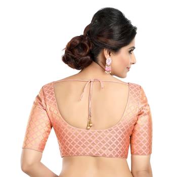 Neckbook Brocade Peach Elbow Sleeves Round Neck Princess Cut Padded Readymade Saree Blouse 3